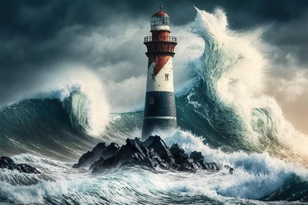 Phare et vagues énormes vagues moyak près du style d'art numérique de l'eau