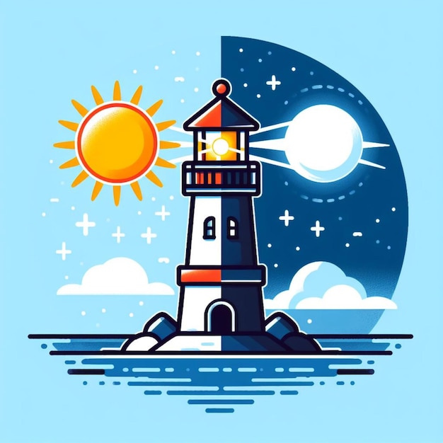 Phare vectoriel dans l'océan jour et nuit lune et soleil