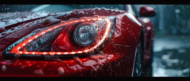 Photo les phares d'un véhicule de performance rouge moderne sont couverts de shampooing alors qu'ils sont nettoyés dans un lavage de voitures de concession.