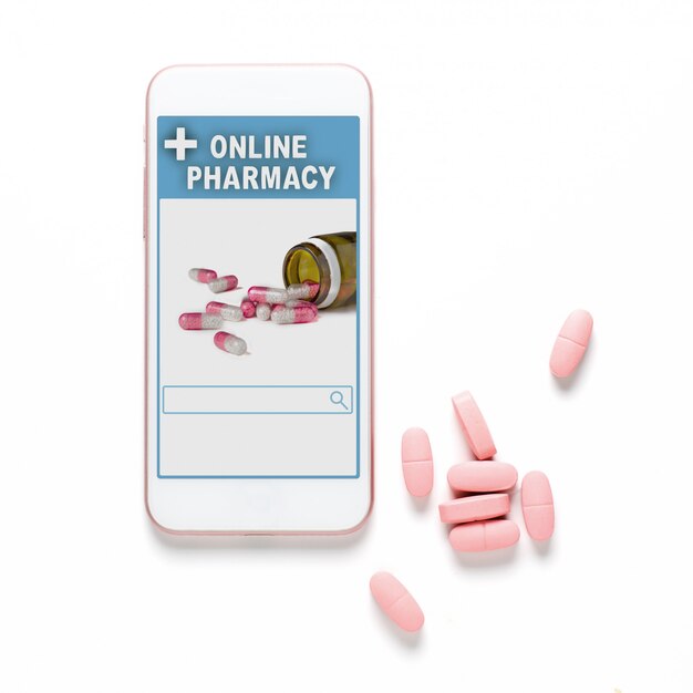 Pharmacie en ligne. Application sur votre smartphone pour la commande en ligne de médicaments. Pilules roses. Fond blanc. Le concept de choix pratique des médicaments