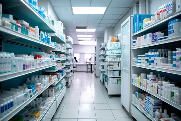 Photo une pharmacie avec des rangées d'étagères remplies de médicaments des installations médicales ai générative