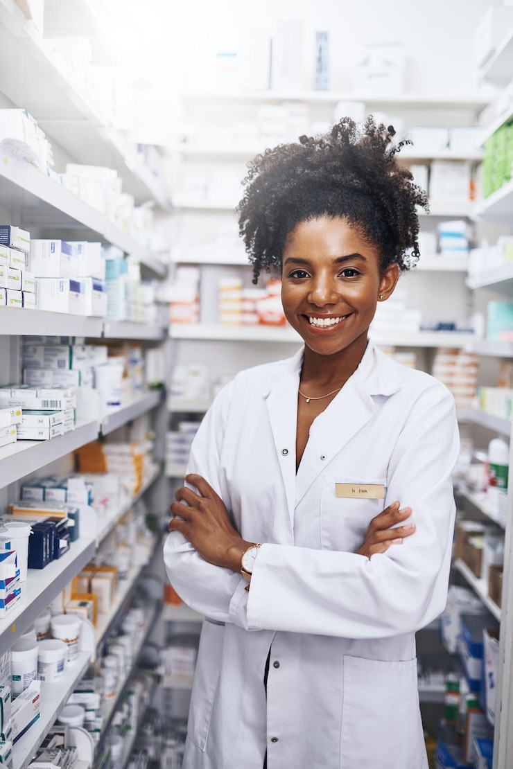 Photo pharmacie sourire et portrait de femme à l'étagère pour des conseils médicaux inventaire de stocks et confiance soutien de médicaments sur ordonnance et pharmacien avec les bras croisés soins de santé et médicaments pharmaceutiques