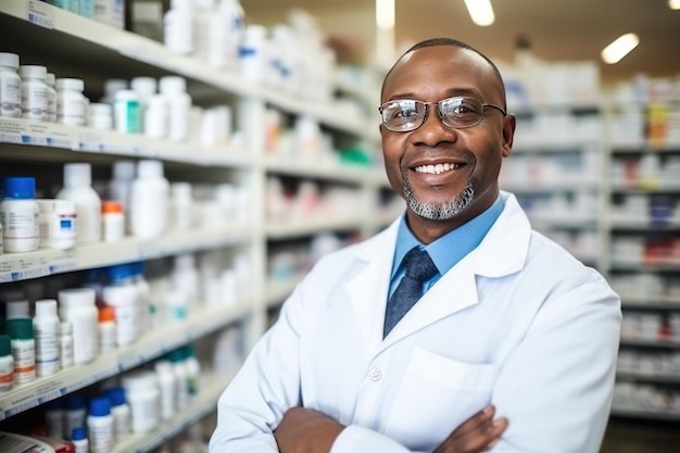 Un pharmacien afro-américain se tient dans une robe médicale en souriant dans une pharmacie pleine de médicaments.