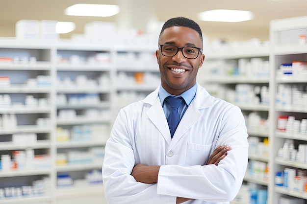 Un pharmacien afro-américain souriant avec les bras croisés dans une pharmacie.