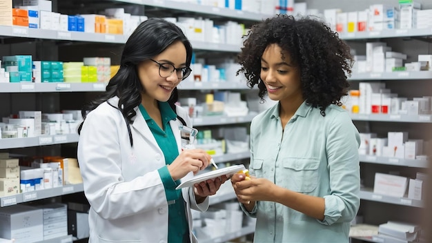 Un pharmacien aide une femme à choisir un médicament