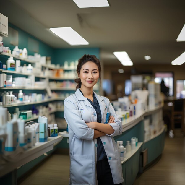 Photo pharmacien asiatique en robe blanche dans la pharmacie