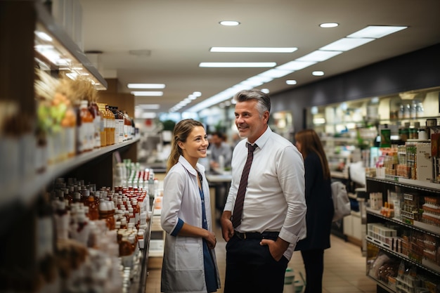 Pharmacien et client en pharmacie à côté d'étagères avec des médicaments