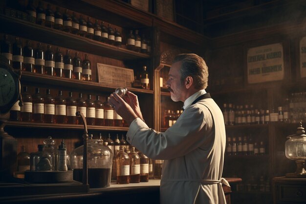 Un pharmacien dans un manteau de laboratoire blanc vintage