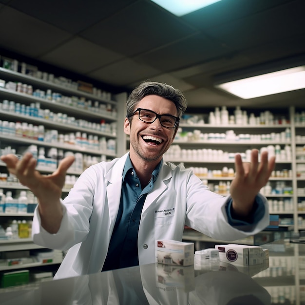 Un pharmacien joyeux au travail