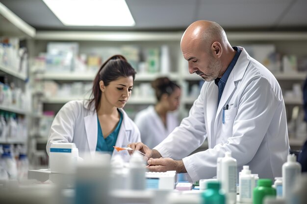 Pharmacien mélangeant un médicament avec un senior à la pharmacie de l'hôpital