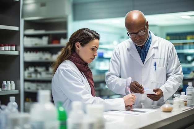 Pharmacien mélangeant un médicament avec un senior à la pharmacie de l'hôpital