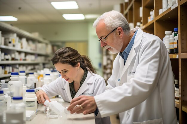 Pharmacien mélangeant un médicament avec un senior à la pharmacie de l'hôpital