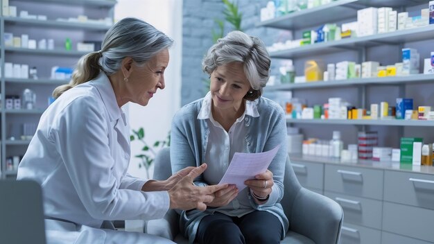 Photo le pharmacien qui s'occupe de la santé des femmes mûres