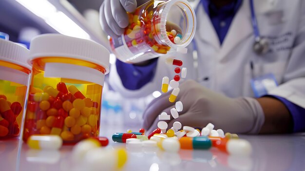 Photo un pharmacien remplit une bouteille de médicaments avec des pilules colorées.