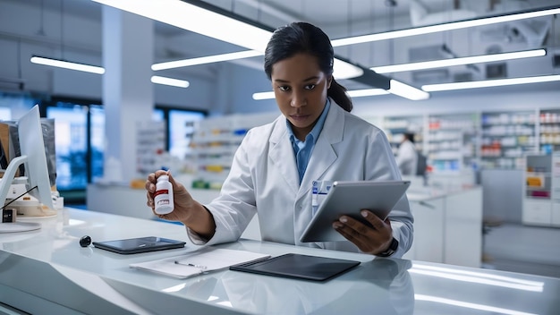 Photo pharmacien tenant une bouteille de médicaments et une tablette informatique pour remplir une ordonnance en pharmacie