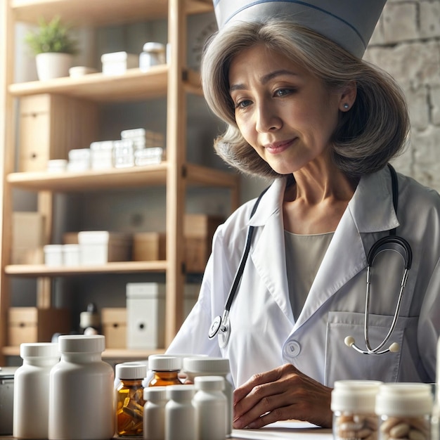 Une pharmacienne avec des bouteilles de pilules sur la table.