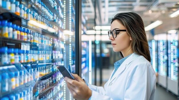 Une pharmacienne en robe médicale et lunettes se tient avec un comprimé dans les mains