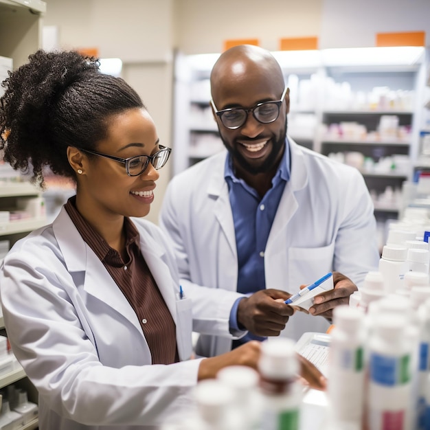 Des pharmaciens afro-américains travaillent dans une pharmacie