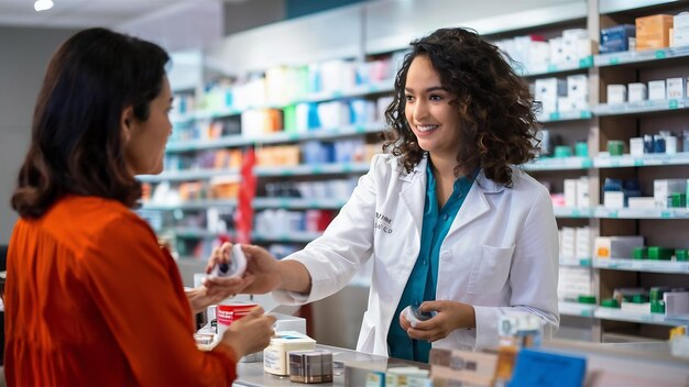 Pharmaciste au service d'un client dans une pharmacie