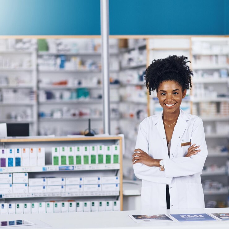 Photo pharmaciste femme noire et fierté avec portrait dans la clinique de soins de santé conseil médical et confiance en médecine personne féminine confiante et bras croisés de bien-être pharmaceutique à la pharmacie