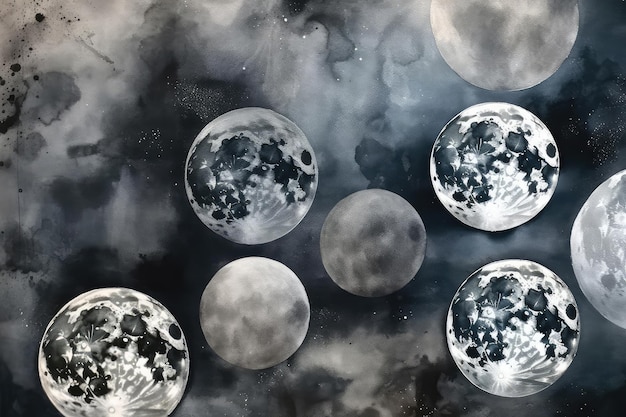 Phases de lune peinture sur fond noir IA générative