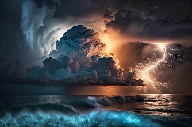 Phénomènes météorologiques extrêmes d'ouragan au-dessus de l'océan avec ai générative de foudre et d'orage