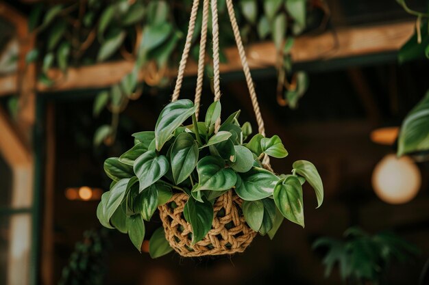 Photo philodendron dans une plante de macrame suspendue