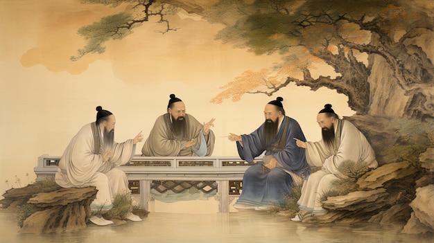 Philosophes chinois anciens discutant de sagesse