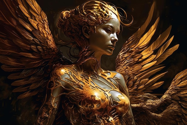 La phoenix est une vraie femme avec des ailes dorées.