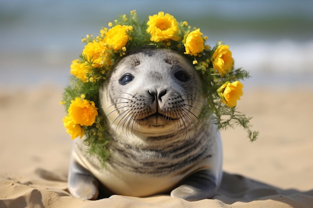 un phoque avec une couronne de fleurs sur la tête