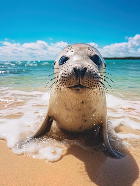 un phoque est sur la plage et regarde la caméra