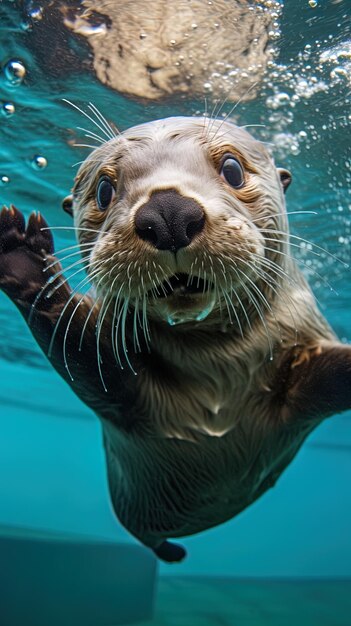 un phoque nageant dans l'eau avec le nom dessus