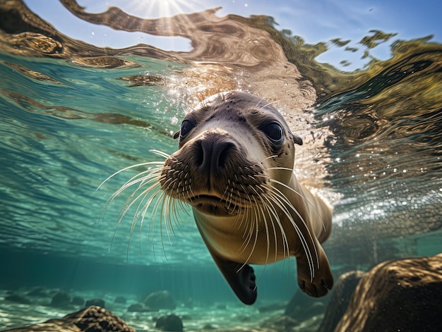 Photo un phoque nageant dans l'eau avec le soleil brillant sur son visage