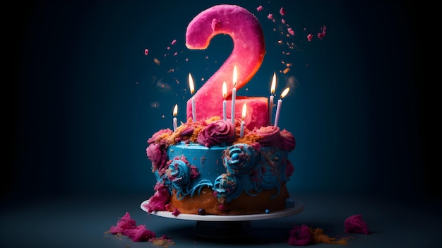 photo 2e anniversaire célébrant l'arrangement avec gâteau d'anniversaire génératif ai