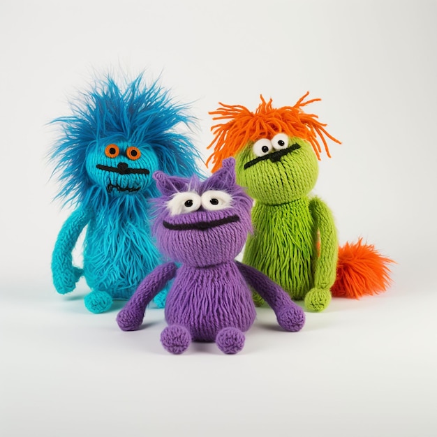 Photo de 3 peluches tricotées en fil Generative ai