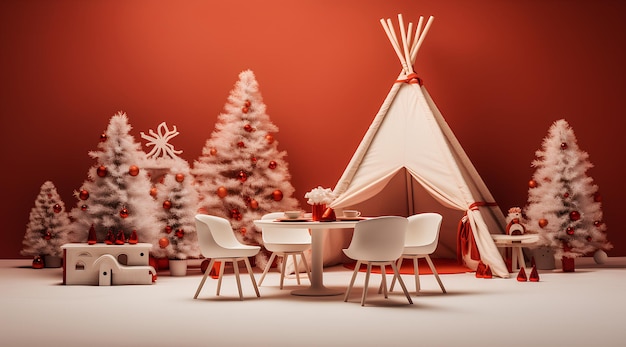 Photo 3D de la chaise de table et du teepee de l'arbre de Noël