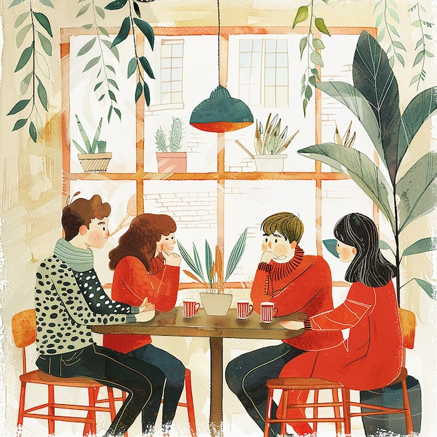 Photo 3D d'un dessin de trois personnes sur une table avec des tasses de café