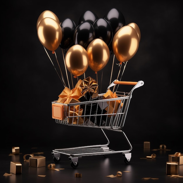 Photo photo 3d du black friday avec des boîtes cadeaux de panier et des ballons