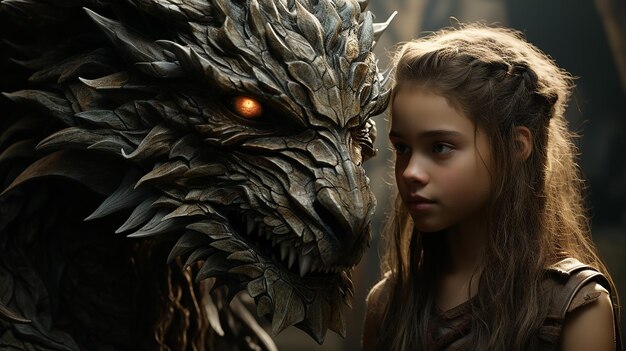 Photo 3D d'une fille avec un dragon