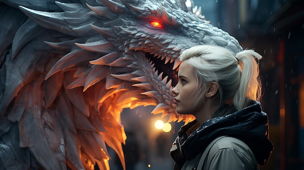 Photo 3D d'une fille avec un dragon