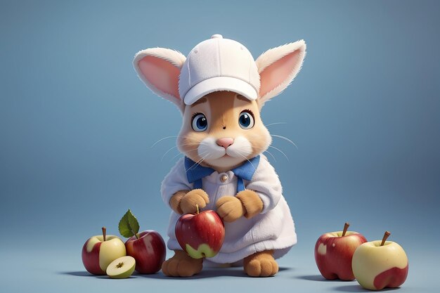 Photo 3d mignon bébé lapin blanc tenant une casquette et portant une robe à la main un fond solide de pomme