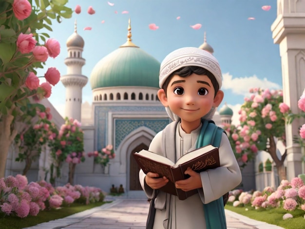 Une photo 3D d'un mignon dessin animé d'un enfant musulman portant un Coran en route pour la mosquée