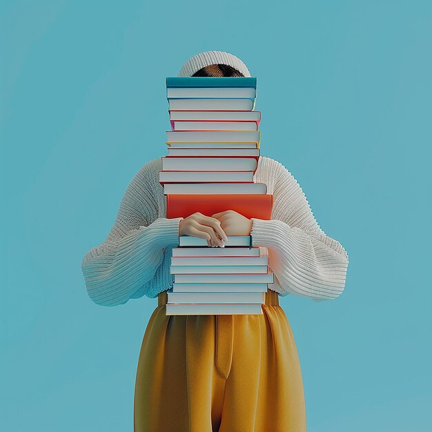 Une photo 3D d'un personnage de dessin animé se tient devant une pile de livres