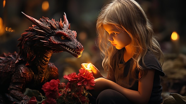 Photo 3D de petite fille avec dragon