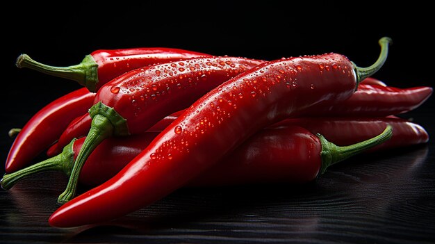 Photo 3D d'un piment rouge chaud avec des éclaboussures d'eau sur un papier peint à fond noir