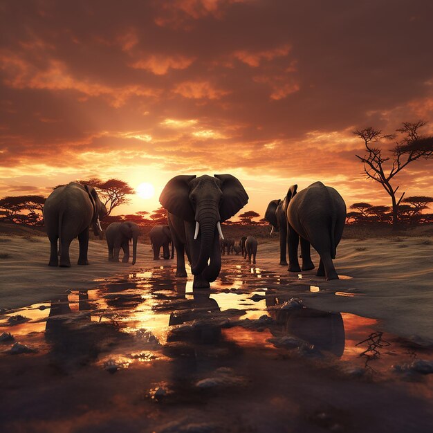 Une photo 3D d'un troupeau d'éléphants contre le coucher de soleil