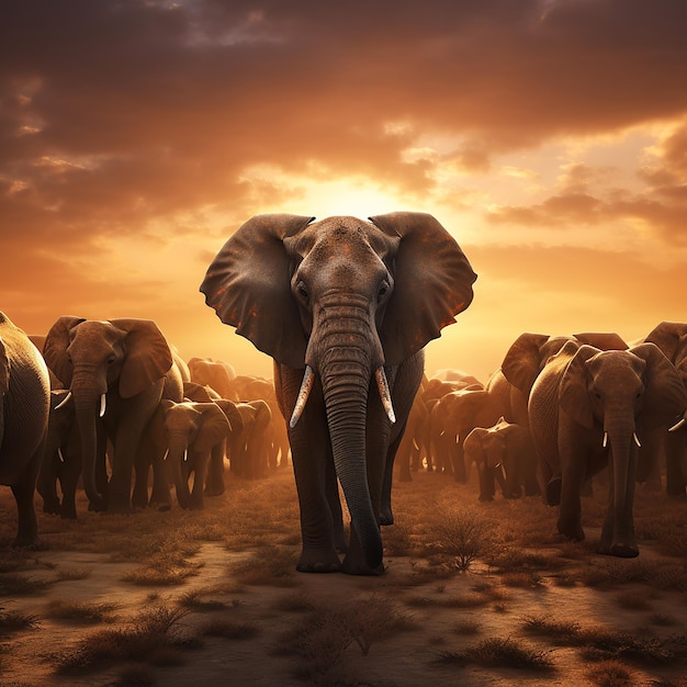 Une photo 3D d'un troupeau d'éléphants contre le coucher de soleil