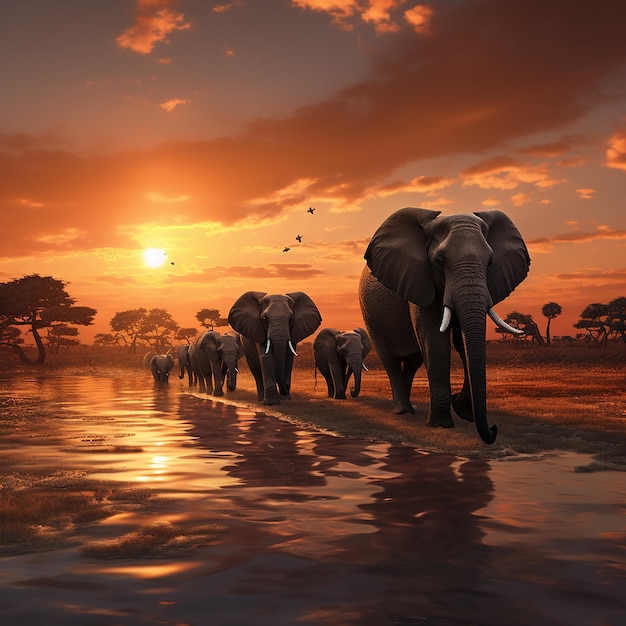 Une photo 3D d'un troupeau d'éléphants contre le coucher de soleil