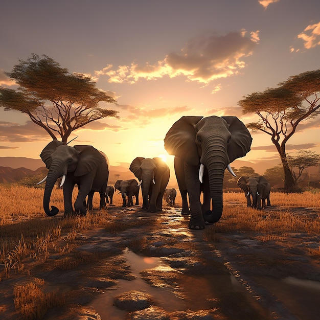 Une photo 3D d'un troupeau d'éléphants contre le coucher de soleil