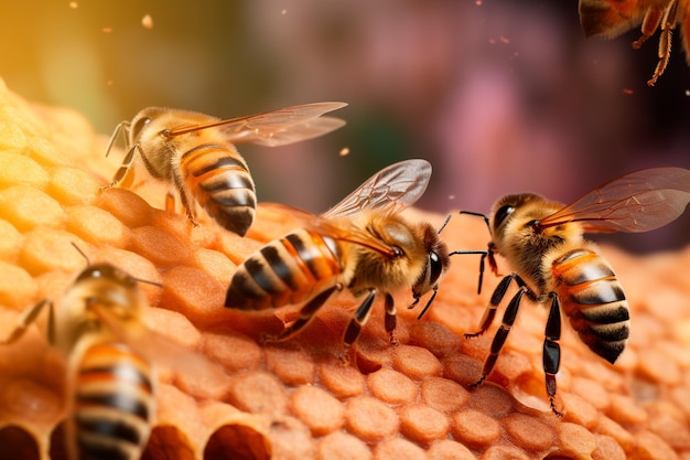 photo d'abeilles volant au-dessus d'un nid d'abeille